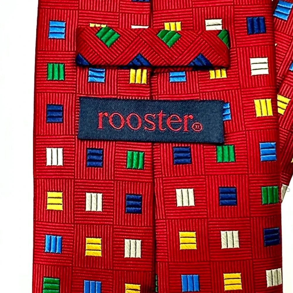Rooster Mens Silk Necktie Red Geometric Multicolored Square Pattern Classic Tie